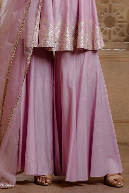 Omana By Ranjana Bothra_Purple Chanderi, Organza Zari, Gota Patti Round Neck Haya Short Anarkali Set _Online_at_Aza_Fashions