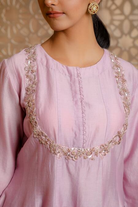 Buy_Omana By Ranjana Bothra_Purple Chanderi, Organza Zari, Gota Patti Round Neck Haya Short Anarkali Set _Online_at_Aza_Fashions