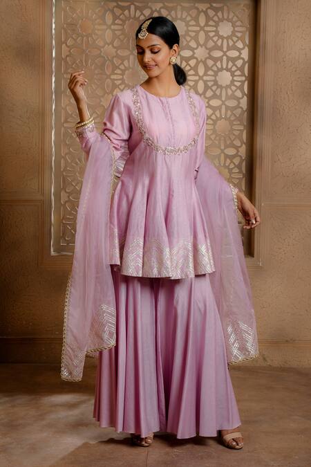 Shop_Omana By Ranjana Bothra_Purple Chanderi, Organza Zari, Gota Patti Round Neck Haya Short Anarkali Set _Online_at_Aza_Fashions