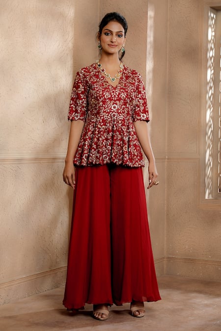 Buy_Omana By Ranjana Bothra_Red Silk, Viscose, Satin, Organza Zareen Flower Peplum Top And Sharara Set _Online_at_Aza_Fashions