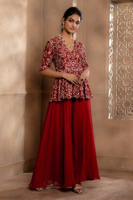 Omana By Ranjana Bothra Red Silk, Viscose, Satin, Organza Zareen Flower Peplum Top And Sharara Set at Aza Fashions Omana By Ranjana Bothra_Red Silk, Viscose, Satin, Organza Zareen Flower Peplum Top And Sharara Set _at_Aza_Fashions