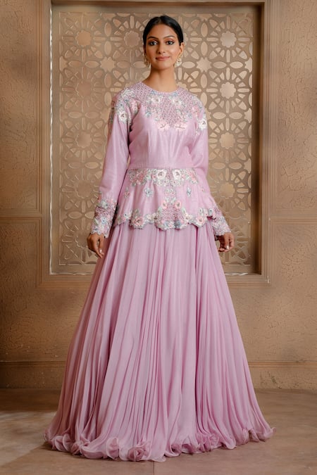 Buy_Omana By Ranjana Bothra_Purple Silk, Viscose Embroidery Round Mina Placement Peplum Top And Skirt Set _Online_at_Aza_Fashions