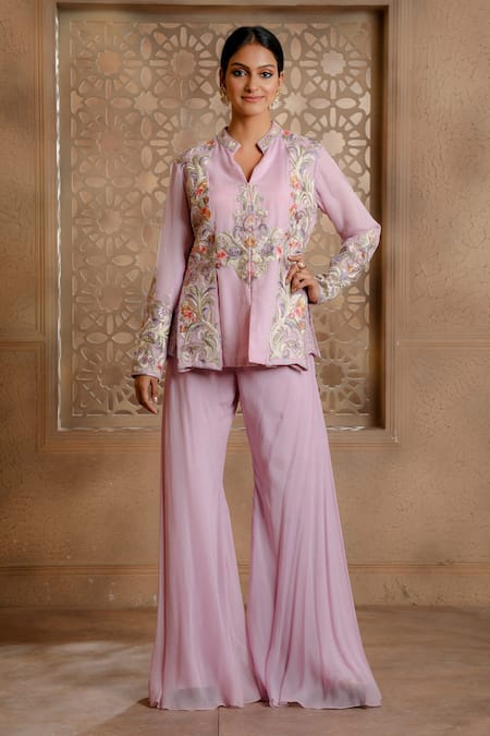Omana By Ranjana Bothra Purple Organza, Georgette, Viscose, Mayoor Peplum Jacket And Bell Bottom Pant Set at Aza Fashions Omana By Ranjana Bothra_Purple Organza, Georgette, Viscose, Mayoor Peplum Jacket And Bell Bottom Pant Set _at_Aza_Fashions