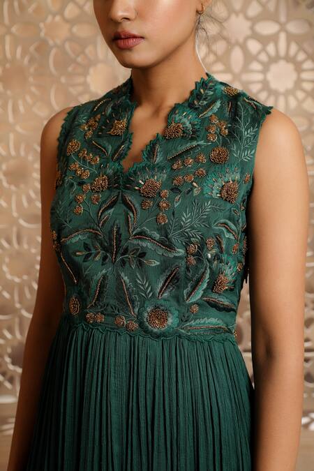 Omana By Ranjana Bothra_Emerald Green Chiffon, Pankhi Zardozi Peplum Top And Bell Bottom Pant Set _at_Aza_Fashions