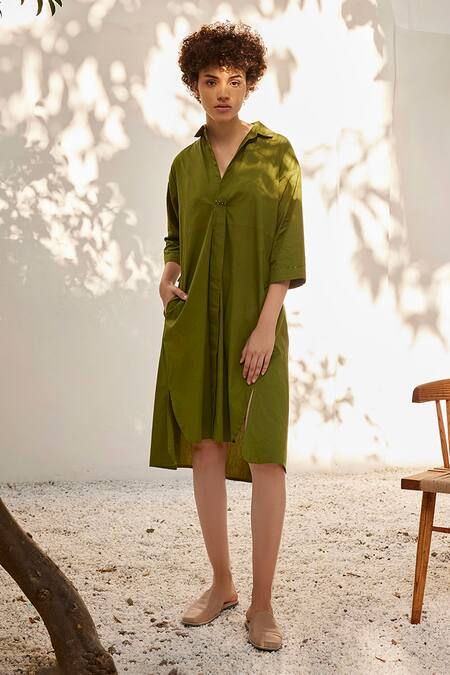 Kharakapas_Green Cotton Embroidery Collared Spring Solid Poplin Shirt Dress_Online_at_Aza_Fashions