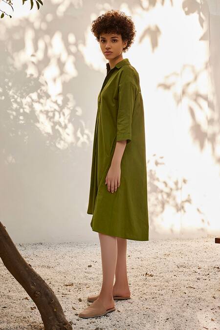 Buy_Kharakapas_Green Cotton Embroidery Collared Spring Solid Poplin Shirt Dress_Online_at_Aza_Fashions