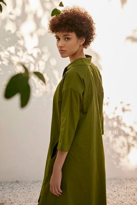 Shop_Kharakapas_Green Cotton Embroidery Collared Spring Solid Poplin Shirt Dress_Online_at_Aza_Fashions