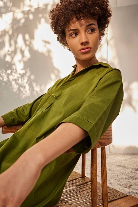 Kharakapas_Green Cotton Embroidery Collared Spring Solid Poplin Shirt Dress_at_Aza_Fashions