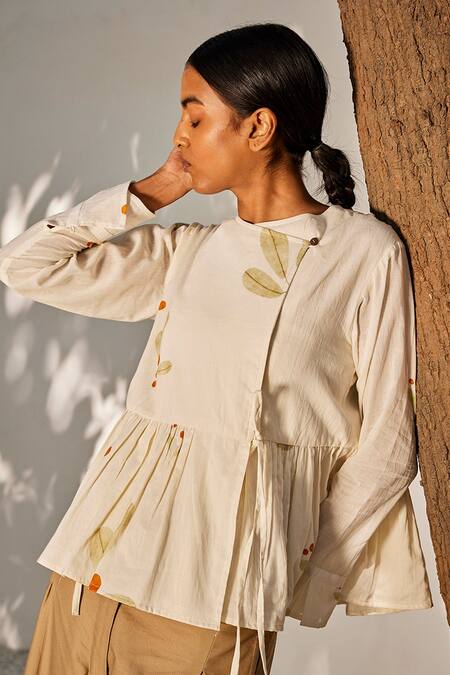 Buy_Kharakapas_Cream Cotton Embroidery Round Neck Secret Daze Floral Pattern Mul Top _Online_at_Aza_Fashions