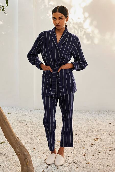 Kharakapas_Blue Cotton Collared Talk To Me Striped Print Co-ord Set _Online_at_Aza_Fashions