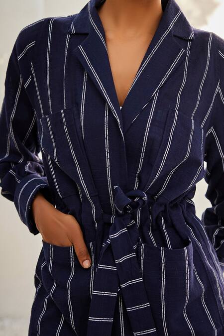 Buy_Kharakapas_Blue Cotton Collared Talk To Me Striped Print Co-ord Set _Online_at_Aza_Fashions