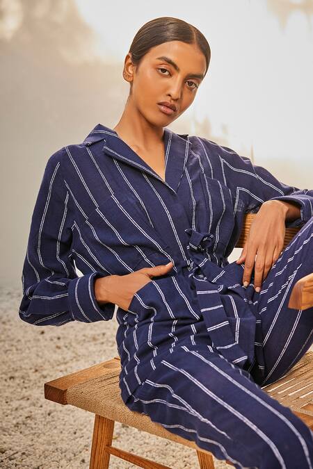 Shop_Kharakapas_Blue Cotton Collared Talk To Me Striped Print Co-ord Set _Online_at_Aza_Fashions