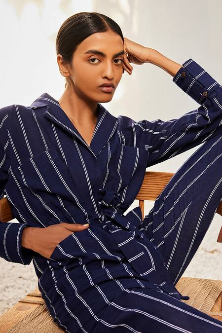 Kharakapas_Blue Cotton Collared Talk To Me Striped Print Co-ord Set _at_Aza_Fashions