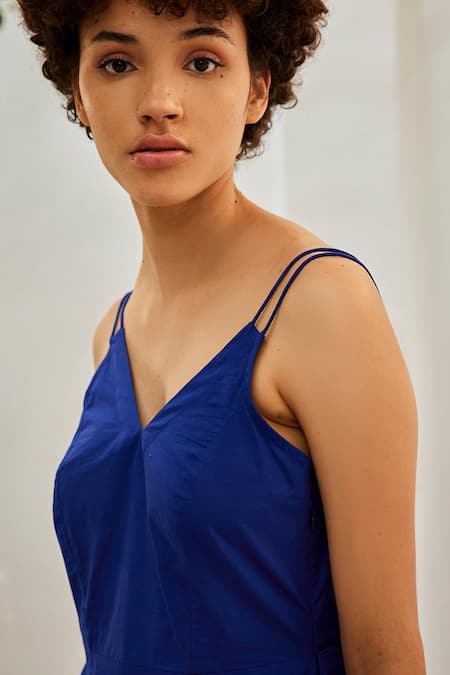 Kharakapas_Blue Cotton V-neck Iris Solid Poplin Dress_at_Aza_Fashions
