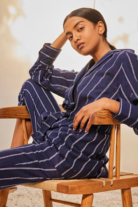 Buy_Kharakapas_Blue Cotton Collared Talk To Me Striped Print Co-ord Set 