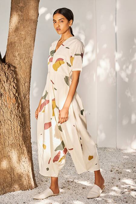 Kharakapas_Cream Cotton V-neck Time Lapse Terracotta Print Jumpsuit _Online_at_Aza_Fashions