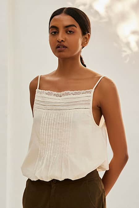 Buy Off White Mulmul Cotton Embroidered Lace Eggshell Camisole Top