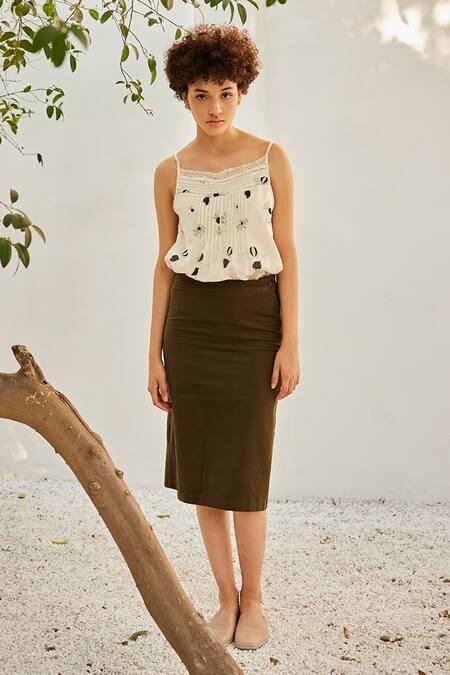 Kharakapas Green Twill, Cotton Solid Pencil Skirt Online at Aza Fashions Kharakapas_Green Twill, Cotton Solid Pencil Skirt _Online_at_Aza_Fashions