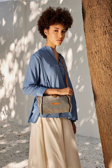 Shop_Kharakapas_Blue Cotton Collared Skies Checkered Print Top_Online_at_Aza_Fashions