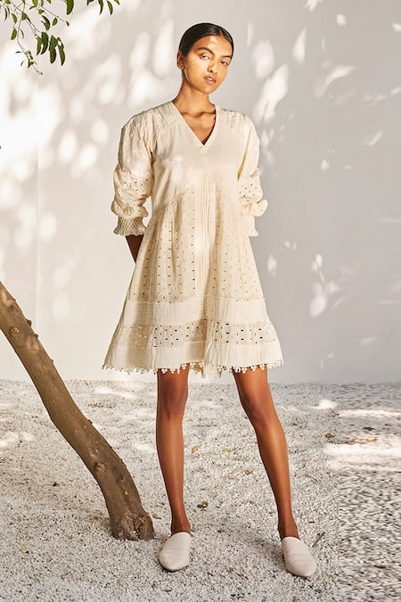 Buy_Kharakapas_Off White Cotton Lace V-neck Dreaming You Schiffli Short Dress _Online_at_Aza_Fashions