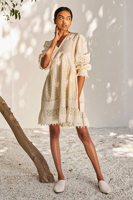 Shop_Kharakapas_Off White Cotton Lace V-neck Dreaming You Schiffli Short Dress _Online_at_Aza_Fashions