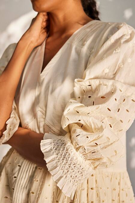 Kharakapas_Off White Cotton Lace V-neck Dreaming You Schiffli Short Dress _at_Aza_Fashions