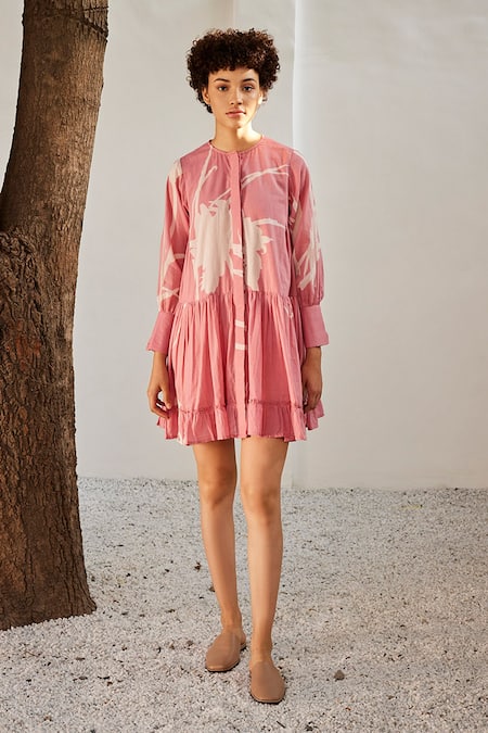 Kharakapas_Pink Cotton Embroidery Round Neck Floral Printed Frilled Hem Dress _Online_at_Aza_Fashions