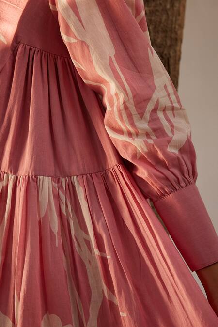Kharakapas_Pink Cotton Embroidery Round Neck Floral Printed Frilled Hem Dress _at_Aza_Fashions