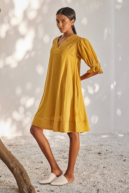Kharakapas_Yellow Cotton V-neck Mustard Puffed Sleeve Dress _Online_at_Aza_Fashions