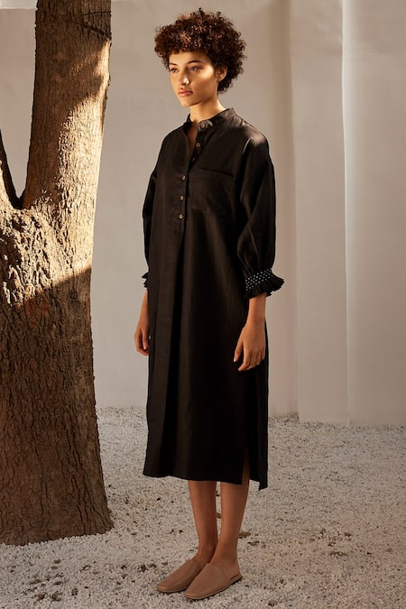 Kharakapas_Black Linen Embroidery Mandarin Collar Smocked Puff Sleeve Dress _Online_at_Aza_Fashions