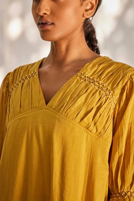 Shop_Kharakapas_Yellow Cotton V-neck Mustard Puffed Sleeve Dress _Online_at_Aza_Fashions