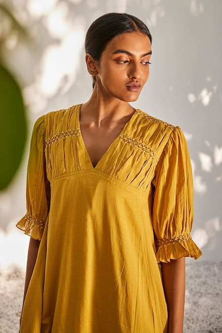 Kharakapas_Yellow Cotton V-neck Mustard Puffed Sleeve Dress _at_Aza_Fashions