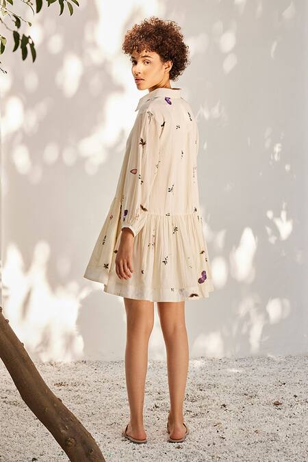 Buy Kharakapas Off White Cotton Embroidery Collared Secret Floral Print Dress Online at Aza Fashions Buy_Kharakapas_Off White Cotton Embroidery Collared Secret Floral Print Dress _Online_at_Aza_Fashions