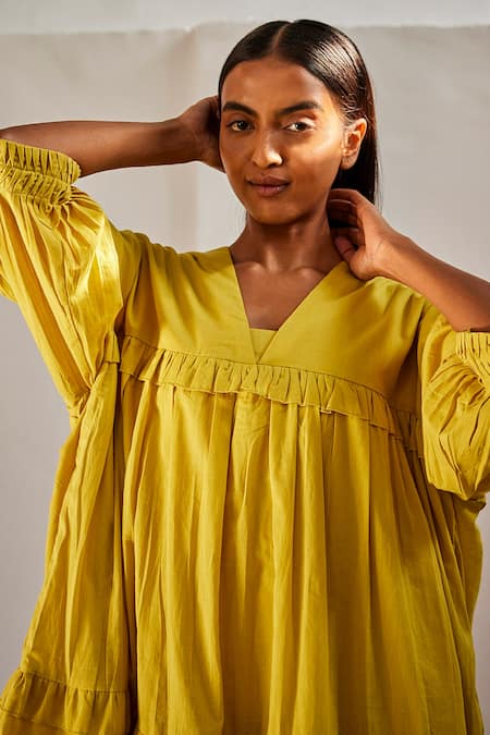 Kharakapas_Yellow Cotton V-neck Marigold Tiered Mul Dress _Online_at_Aza_Fashions
