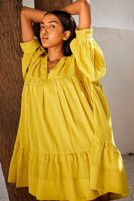 Buy_Kharakapas_Yellow Cotton V-neck Marigold Tiered Mul Dress _Online_at_Aza_Fashions