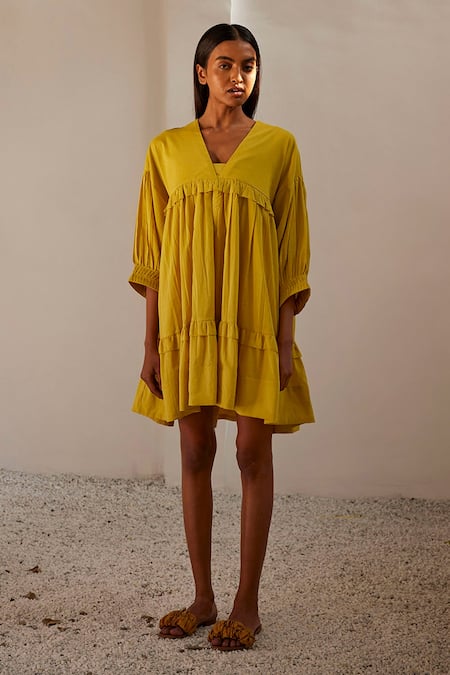 Shop_Kharakapas_Yellow Cotton V-neck Marigold Tiered Mul Dress _Online_at_Aza_Fashions