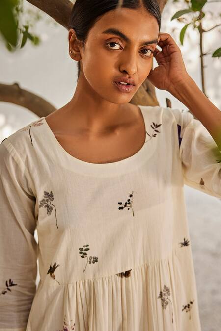 Buy_Kharakapas_Off White Cotton Embroidery Round Neck Botanical Printed Mulmul Dress _Online_at_Aza_Fashions