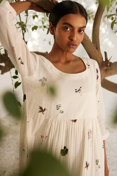 Shop_Kharakapas_Off White Cotton Embroidery Round Neck Botanical Printed Mulmul Dress _Online_at_Aza_Fashions