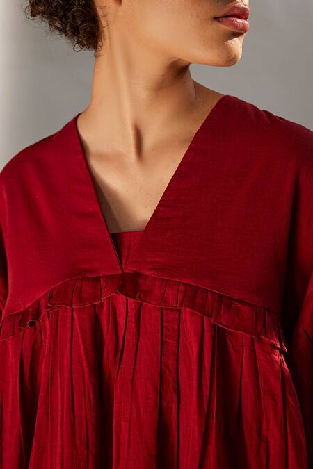 Buy_Kharakapas_Red Cotton V-neck Tiered Mul Ruffle Dress _Online_at_Aza_Fashions