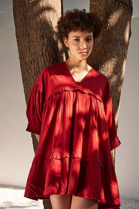 Shop_Kharakapas_Red Cotton V-neck Tiered Mul Ruffle Dress _Online_at_Aza_Fashions