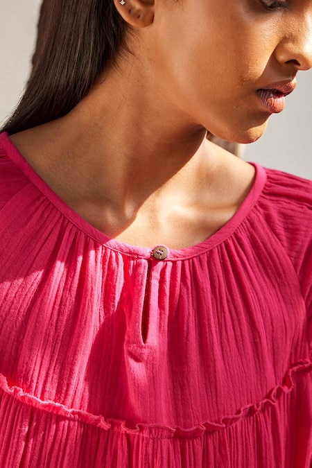Buy_Kharakapas_Fuchsia Cotton Round Neck Smocked Puff Sleeve Dress _Online_at_Aza_Fashions