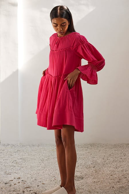 Shop_Kharakapas_Fuchsia Cotton Round Neck Smocked Puff Sleeve Dress _Online_at_Aza_Fashions