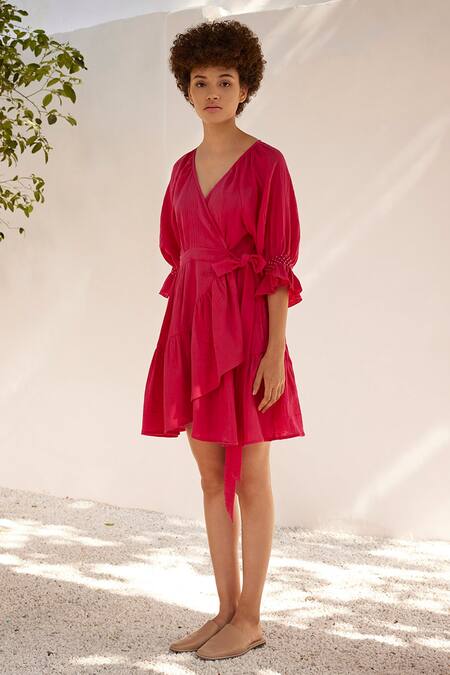 Kharakapas_Fuchsia Cotton V-neck First Love Double Wrap Dress _Online_at_Aza_Fashions
