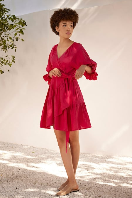 Buy_Kharakapas_Fuchsia Cotton V-neck First Love Double Wrap Dress _Online_at_Aza_Fashions