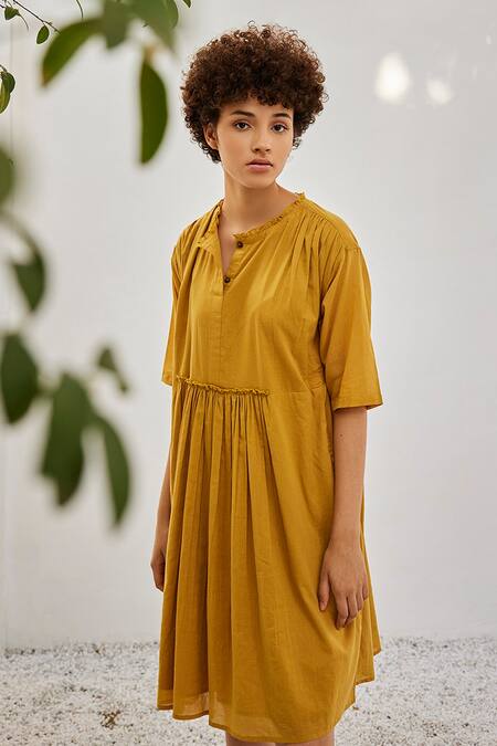 Buy_Kharakapas_Yellow Cotton Round Neck Gathered Panel Mulmul Dress _Online_at_Aza_Fashions