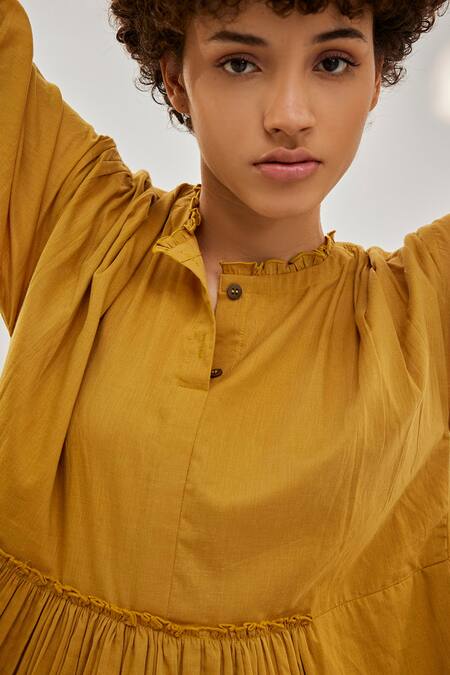 Shop_Kharakapas_Yellow Cotton Round Neck Gathered Panel Mulmul Dress _Online_at_Aza_Fashions