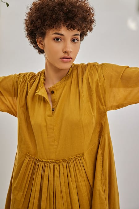 Kharakapas_Yellow Cotton Round Neck Gathered Panel Mulmul Dress _at_Aza_Fashions