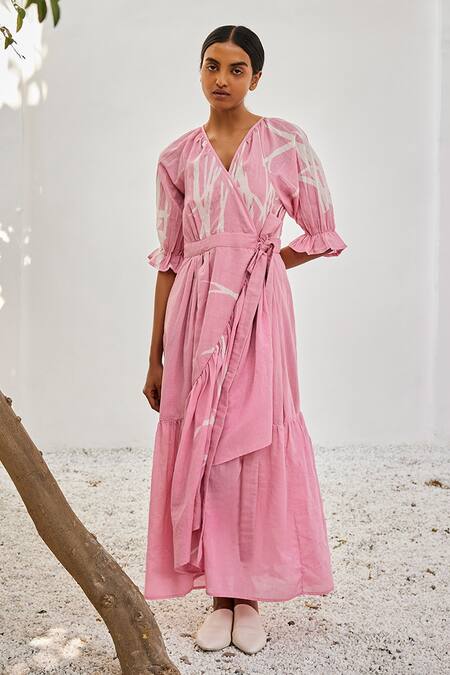 Kharakapas_Pink Cotton V-neck Lino Print Wrap Maxi Dress _Online_at_Aza_Fashions