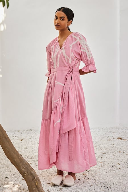 Buy_Kharakapas_Pink Cotton V-neck Lino Print Wrap Maxi Dress _Online_at_Aza_Fashions