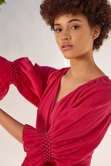 Shop_Kharakapas_Fuchsia Cotton V-neck First Love Double Wrap Dress _Online_at_Aza_Fashions